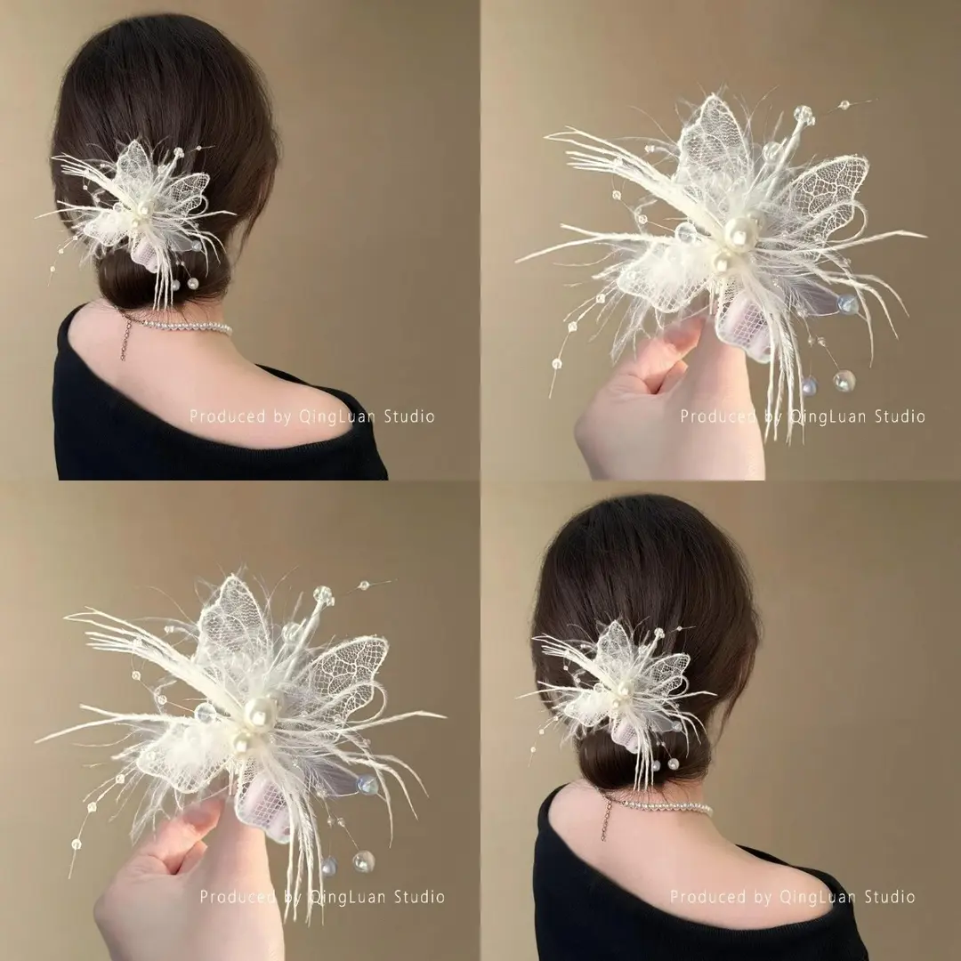 欲望蝴蝶~纯欲风羽毛珍珠发夹