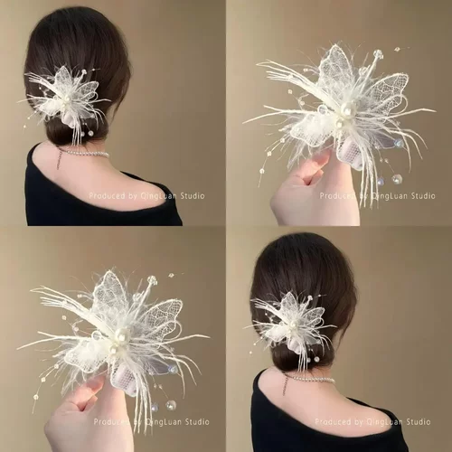 欲望蝴蝶~纯欲风羽毛珍珠发夹
