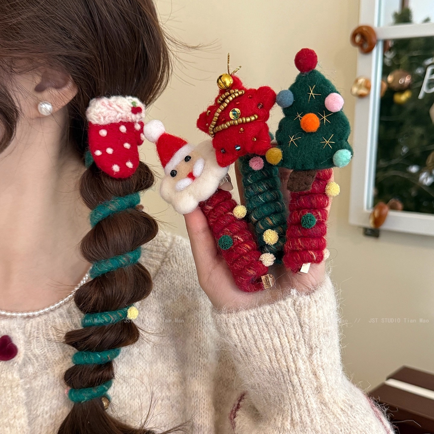 圣诞节头饰儿童电话线发圈女孩扎辫子圣诞树头绳女童节日装扮发饰