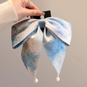 新中式 油画星空扎染蝴蝶结马尾抓夹新款 高级感挂珠飘带后脑勺发夹