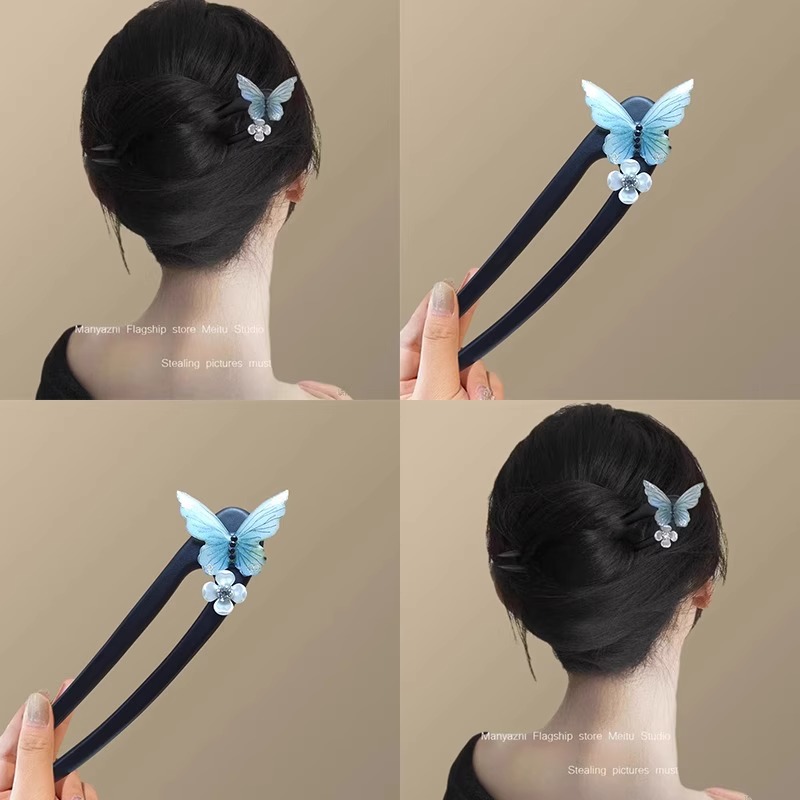 蓝色蝴蝶发簪新中式复古超仙花朵