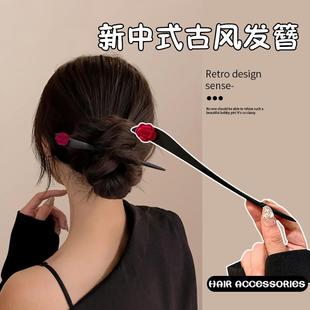 可爱新年发簪头饰2024新款檀木流苏簪子女童过年高级感古风发钗