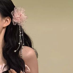 超仙芍药烫花步摇国风流苏发夹古风绢花掩鬓后压高级感唯美头饰女