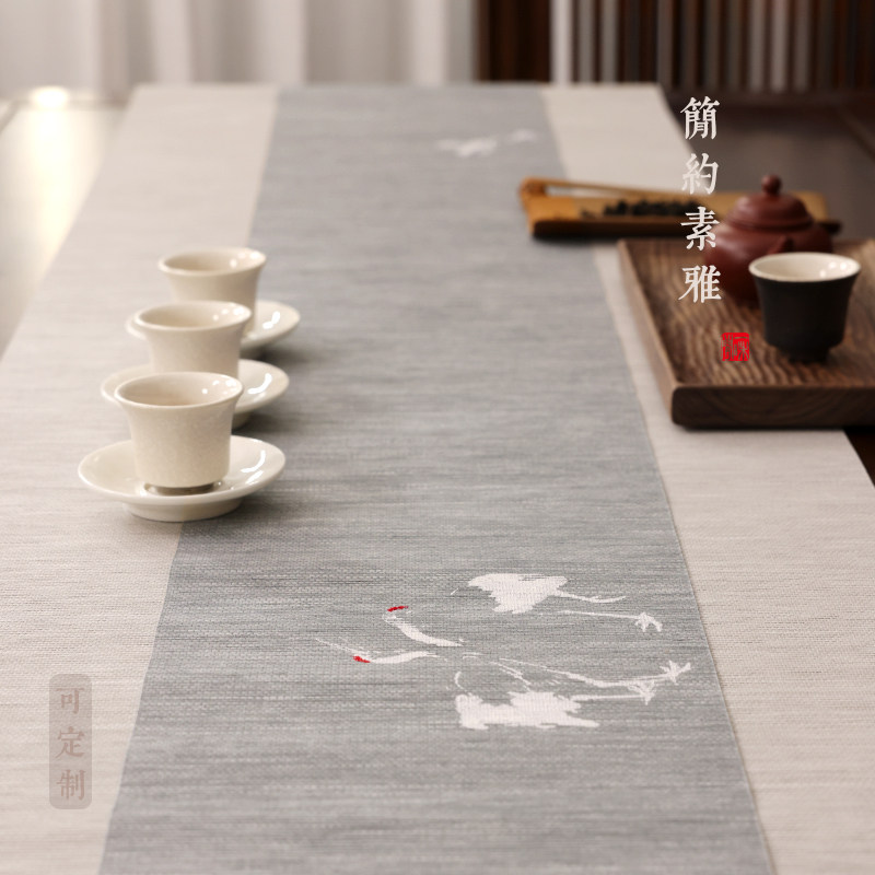 吉佰家草编茶席新中式禅意防水桌旗茶几茶台布桌布茶垫手绘定制鹤
