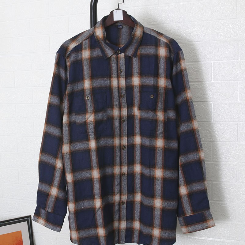 春秋男士加肥加大码格子宽松休闲翻领长袖衬衫C