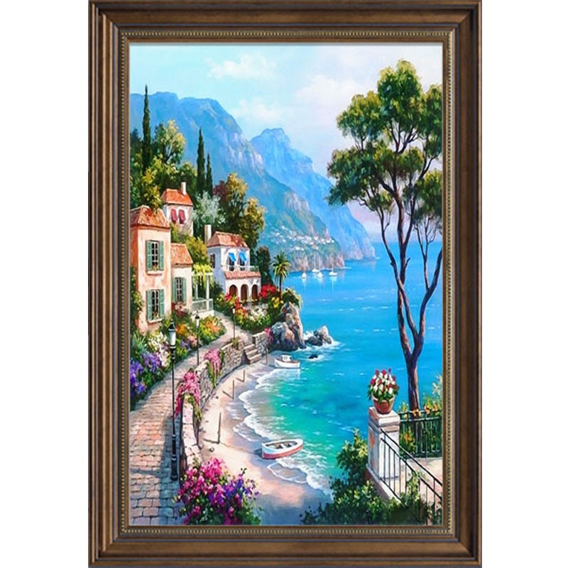 客厅玄关装饰画美式走廊过道挂画大海风景墙壁画竖版油画欧式定做图片