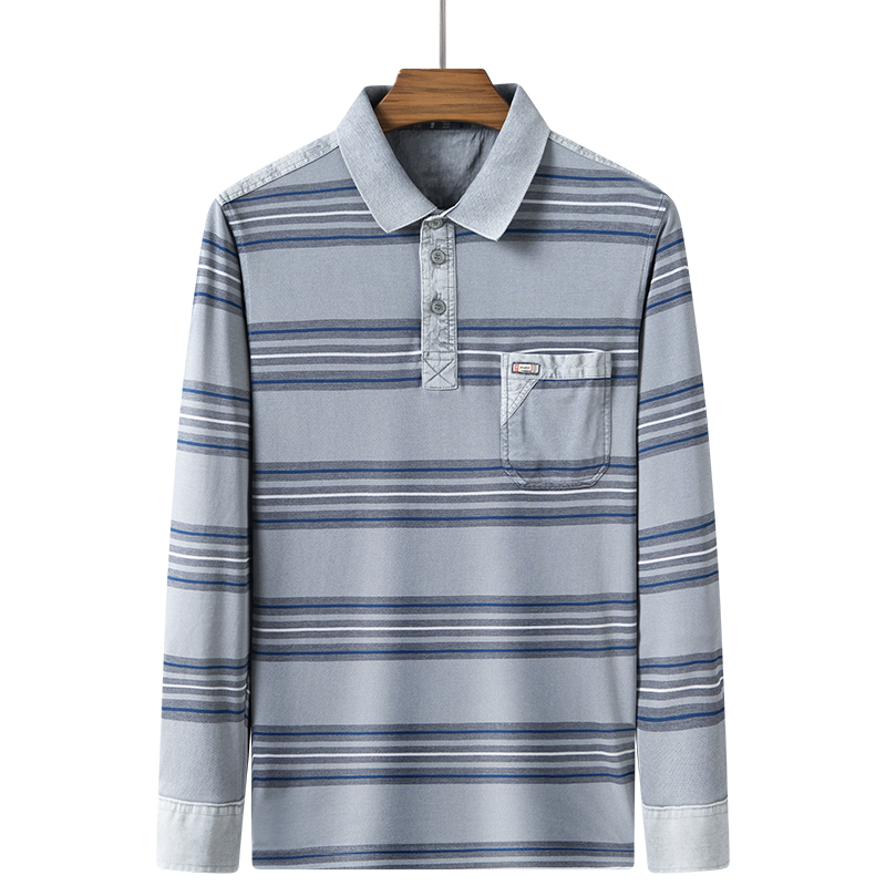 中年男士翻领春装爸爸长袖t恤纯棉中老年男装宽松长袖休闲爷爷t恤