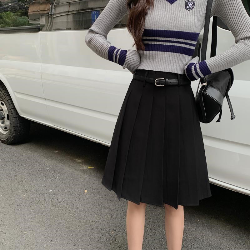 灰色百褶裙女春夏中长款大码高腰显瘦蓬蓬a字裙学院风西装半身裙