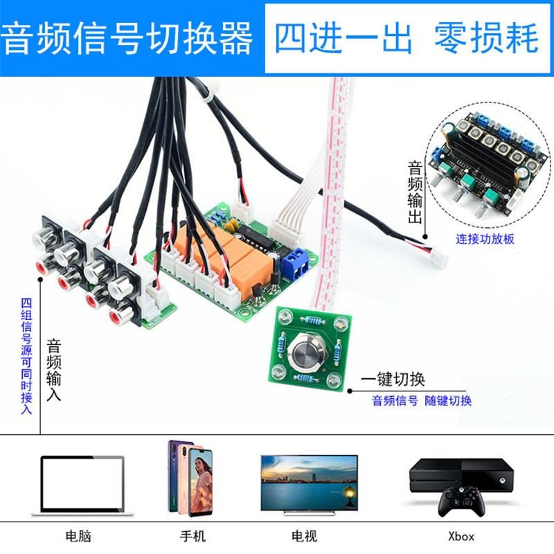 音频输入切换板四路音源切换板音频信号输入切换板切换继电器