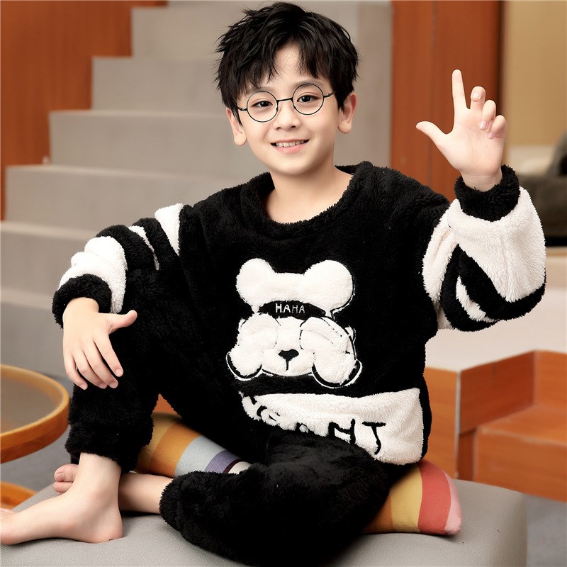 冬季睡衣男孩珊瑚绒加绒加厚小孩中大童法兰绒男童秋冬款儿童套装