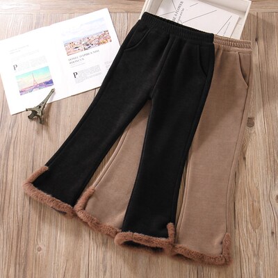 女童冬季加绒加厚裤子一条过冬特超厚保暖中大童一体羊羔绒喇叭裤