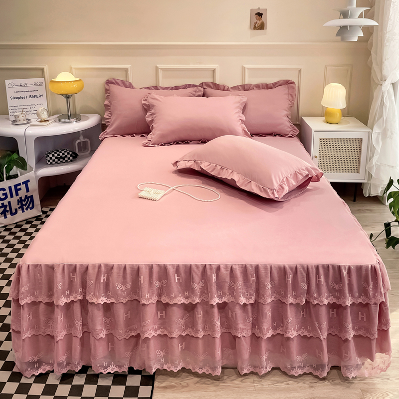 磨毛蕾丝床裙单件韩式三层花边床罩公主床罩席梦思防尘罩1.5-1.8