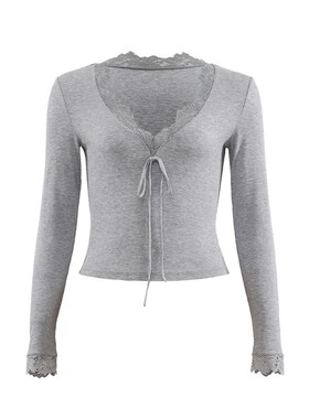 ooh itch痒痒 法式蕾丝v领长袖t恤女白色修身性感绑带紧身上衣