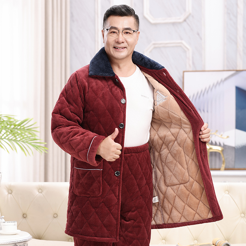 中长款夹棉睡衣男士冬季加厚加绒保暖珊瑚绒套装中老年爸爸家居服