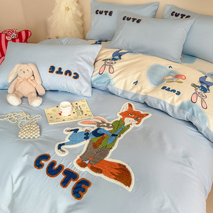 疯狂动物城纯棉床上四件套全棉卡通朱迪床品床单三件套儿童男被套