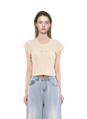 BF短袖女2025新款夏季圆领浅黄色鸭子刺绣t恤修身显瘦百搭上衣