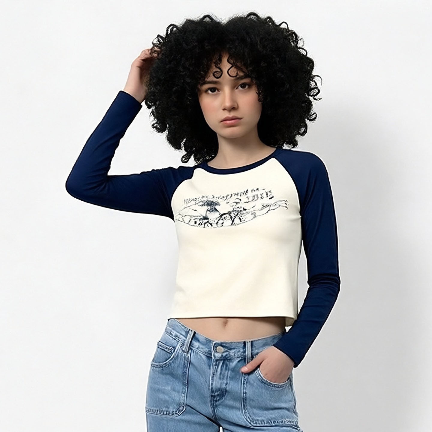 BF2026长袖上衣女t恤新款棕树印花插肩短款拼接洋气独特别致上衣,女装/女士精品,T恤,淘宝优惠券,粉丝福利购,淘宝优惠卷