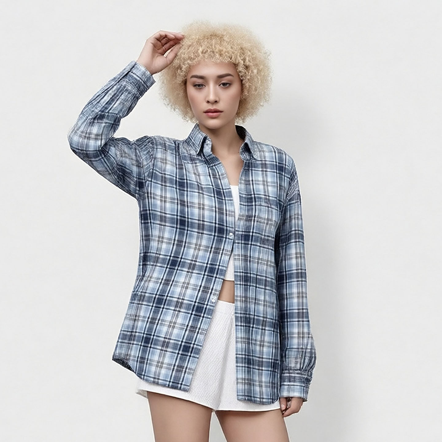 BF2026年衬衫女新款休闲宽松通勤复古百搭慵懒风格子衬衫衬衣外套