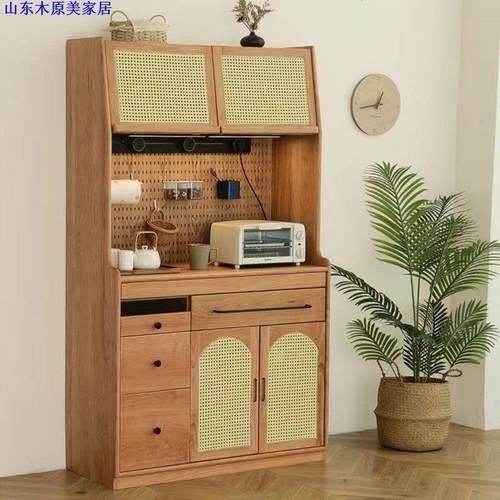 北欧实木樱桃木餐边柜落地高柜现代简约日式储物柜藤编餐厅柜边柜