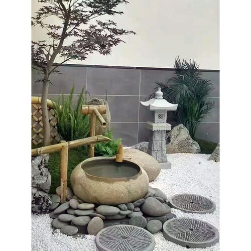 日式庭院造景流水石钵竹惊鹿 枯山水景观花园水景鹅卵石水钵石灯