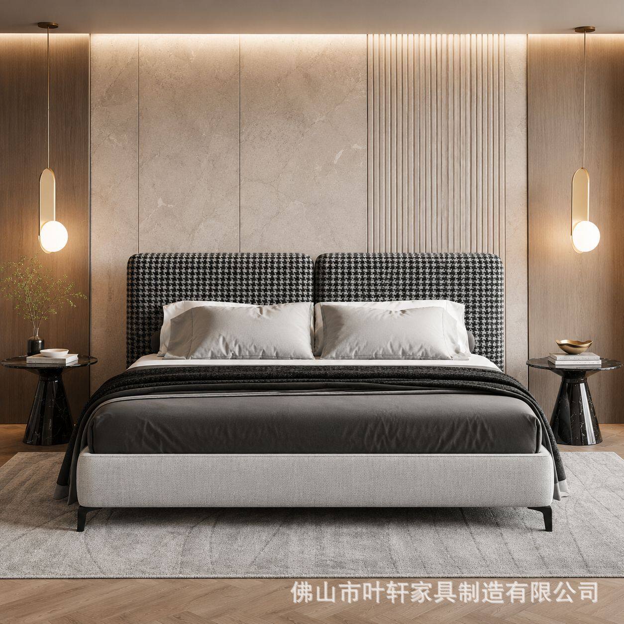 现代简约千鸟格软包双人床北欧轻奢布艺床酒店卧室床架订置