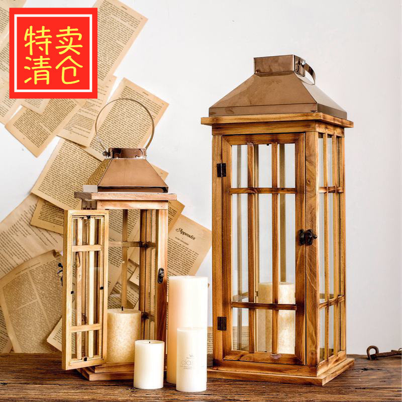 北欧现代复古阳台花园风灯 玫瑰金铁皮木质烛台落地装饰