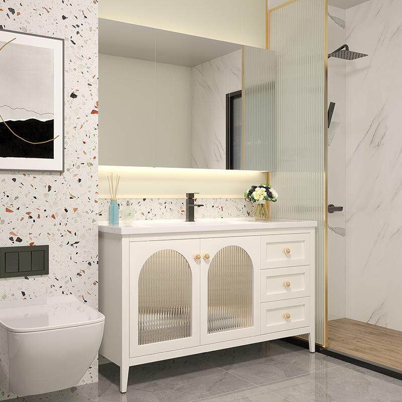 法式橡木落地浴室柜智能镜洗漱台洗手池米奶白色暖调组合柜可