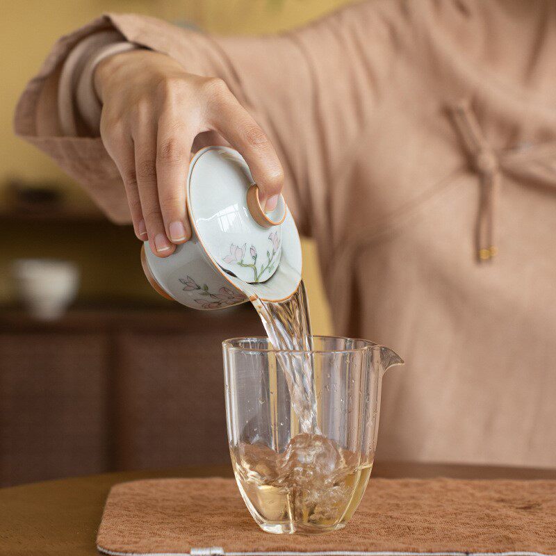 仿古青玉兰花盖碗手绘陶瓷茶具单泡茶碗家用小盖碗二才盖杯茶碗