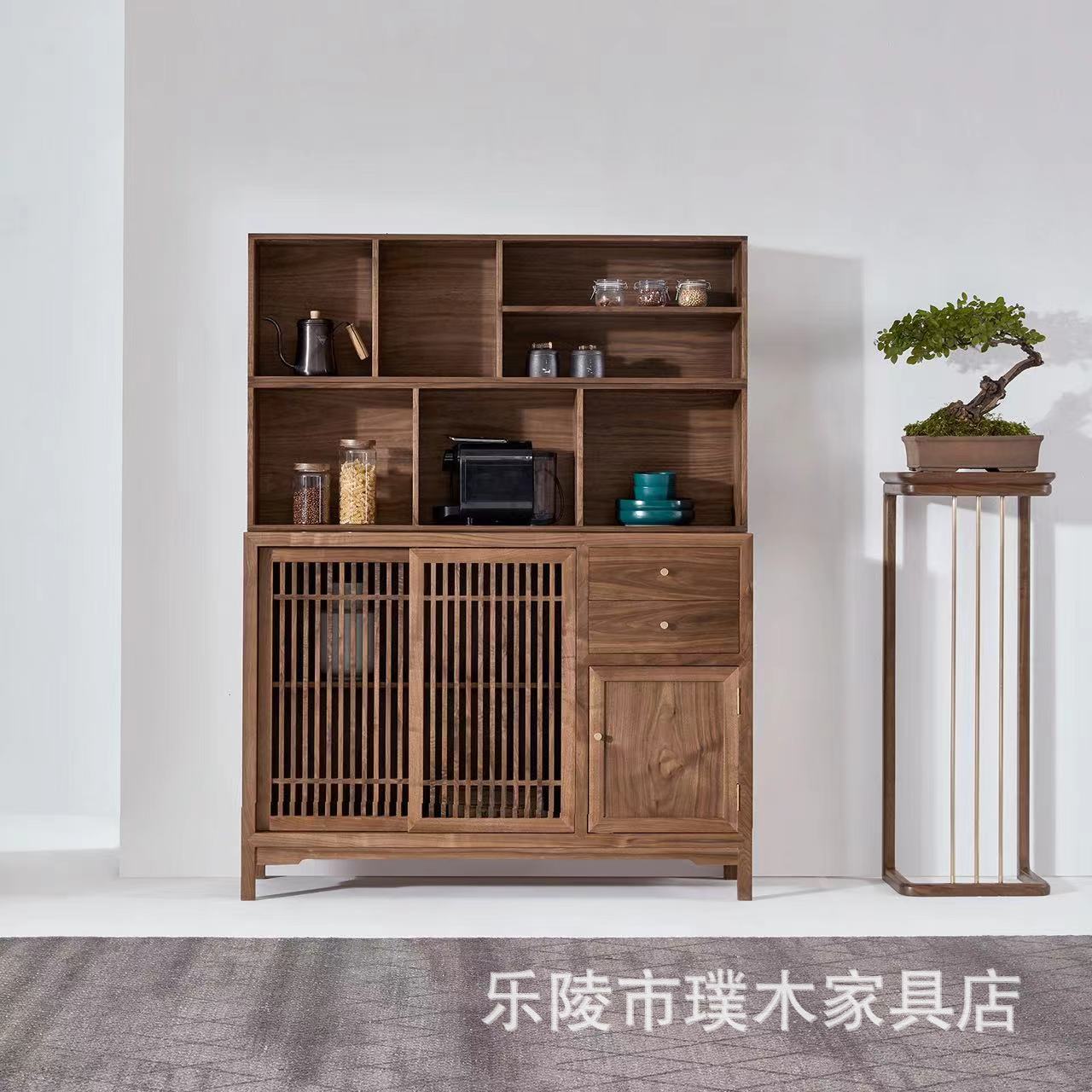 新中式黑胡桃茶室储物边柜餐厅餐边柜储物柜简约实木客厅家具