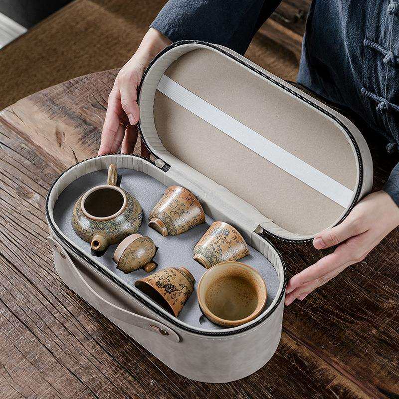 青花缠枝莲旅行茶具小套装陶瓷快客杯简约户外便携一壶四杯泡茶壶