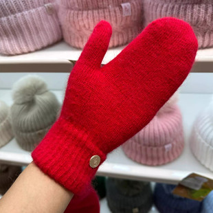 MJUK安哥拉兔毛帽子手套套装冰岛秦海璐同款狐狸毛球帽子女连指