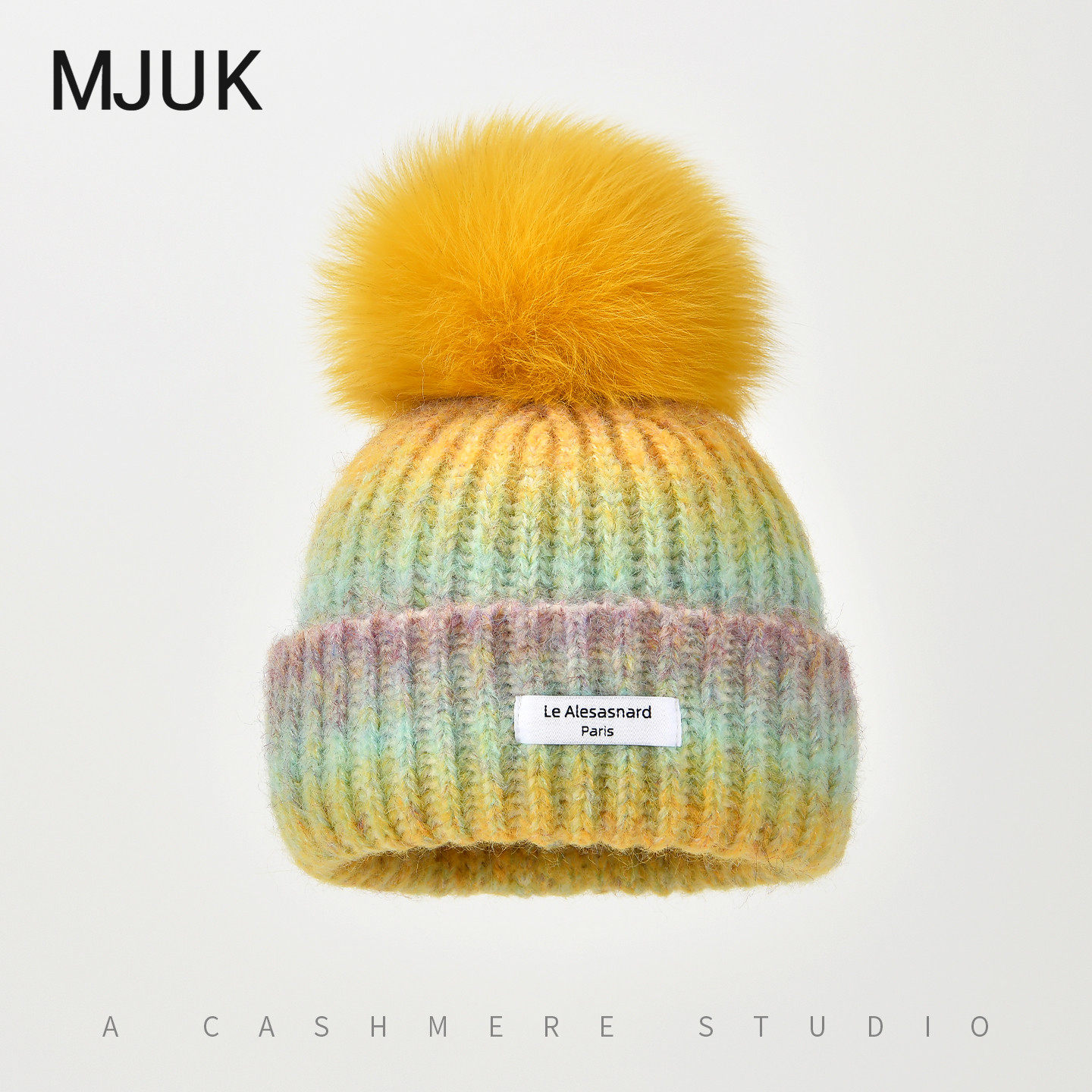MJUK冰岛渐变糖果色针织帽女秋冬保暖护耳狐狸毛球毛线帽子