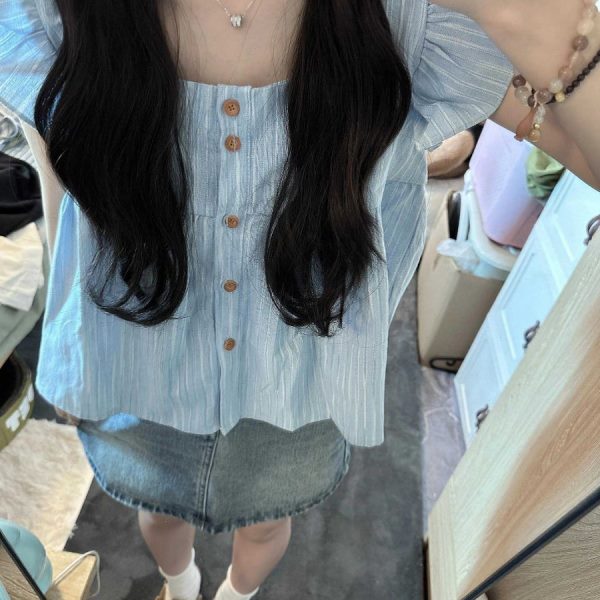 日系蓝色条纹小飞袖方领衬衫女夏季2024新款荷叶边显瘦设计感上衣