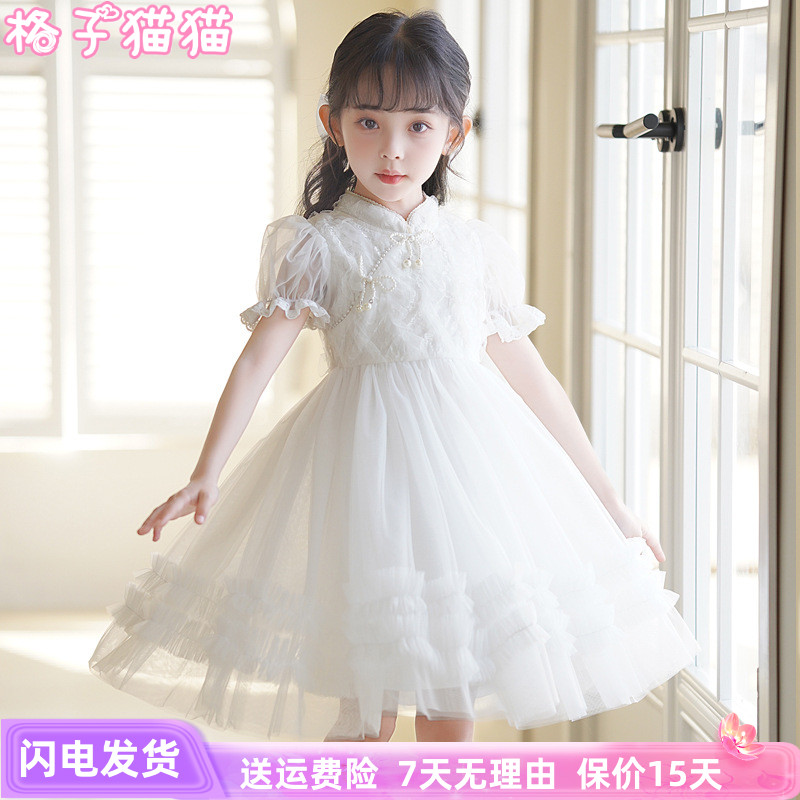 女童旗袍裙夏装白色新中式儿童生日礼服公主N裙女孩泡泡袖连衣裙