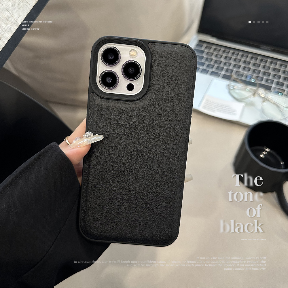 简约黑色荔枝纹适用苹果16手机壳iPhone14promax个性11皮纹13高级
