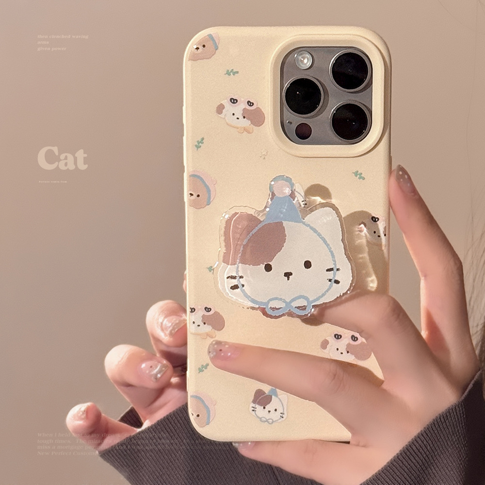 萌系小猫支架iphone14手机壳苹果15奶黄卡通16promax适用13防摔12