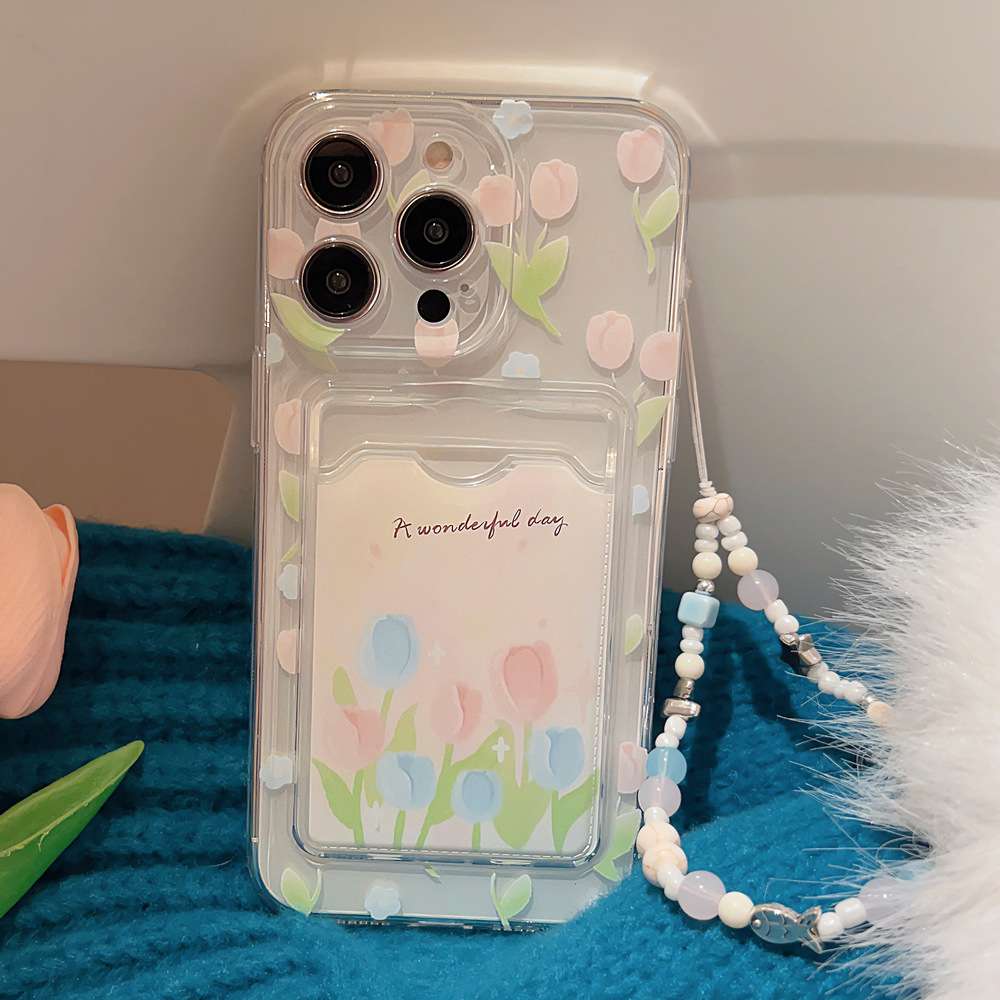 小清新郁金香花朵适用iphone14手机壳13苹果15promax卡包16透明12