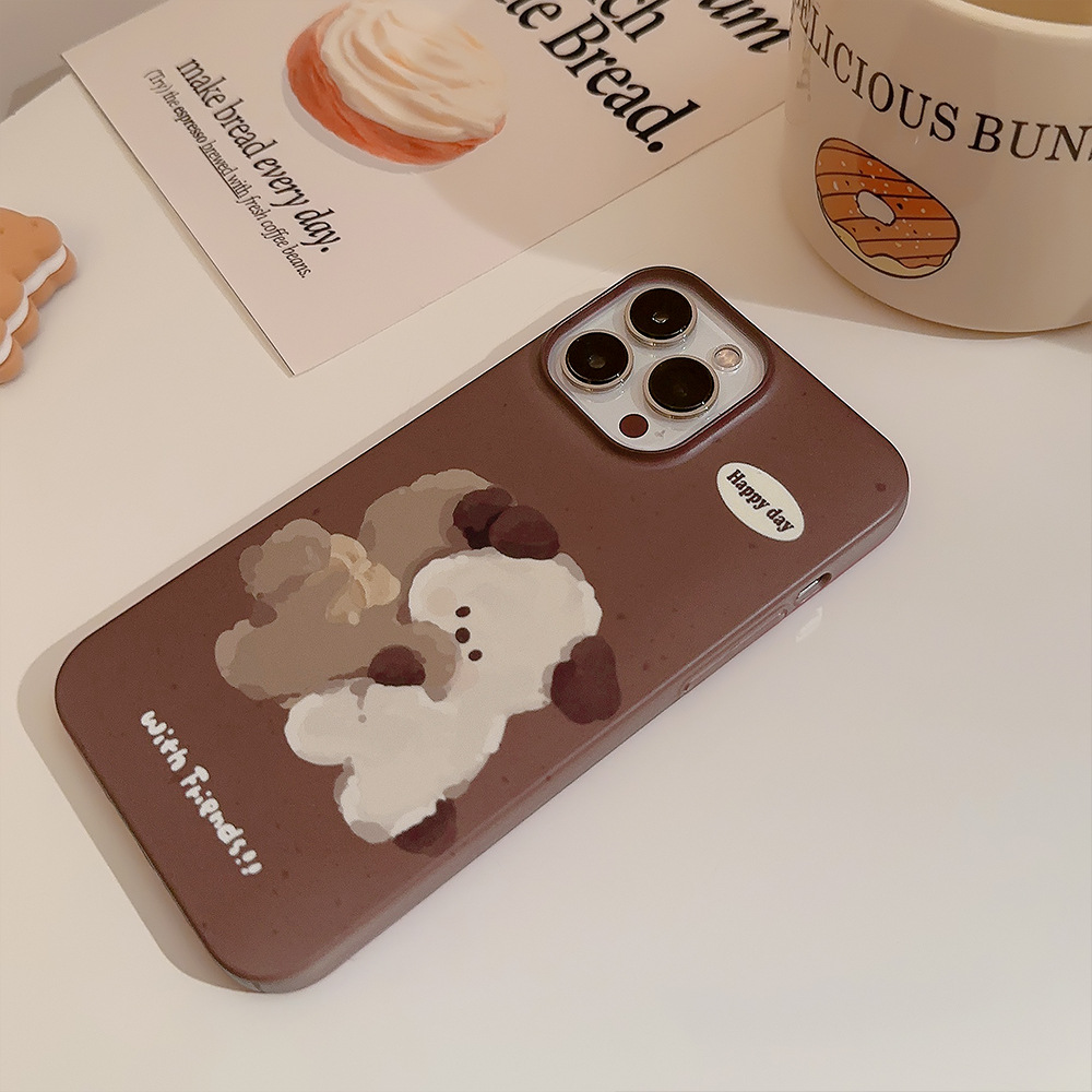 适用13苹果手机壳iPhone15Promax咖色小狗16菲林11秋冬可爱14磨砂