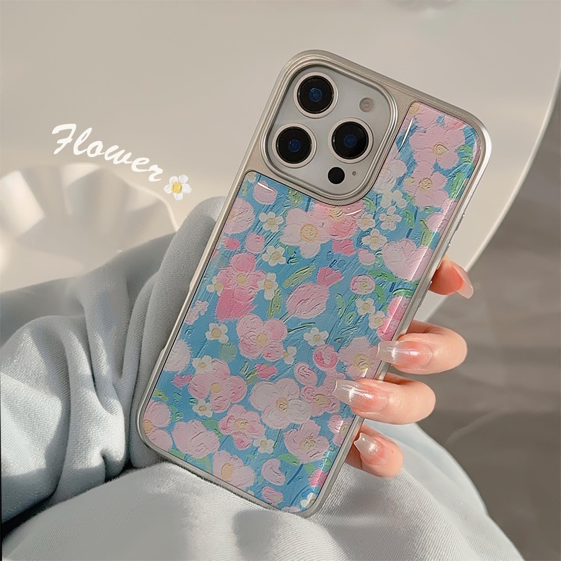 油画蓝粉花适用苹果15promax手机壳iphone16滴胶13电镀14唯美清新
