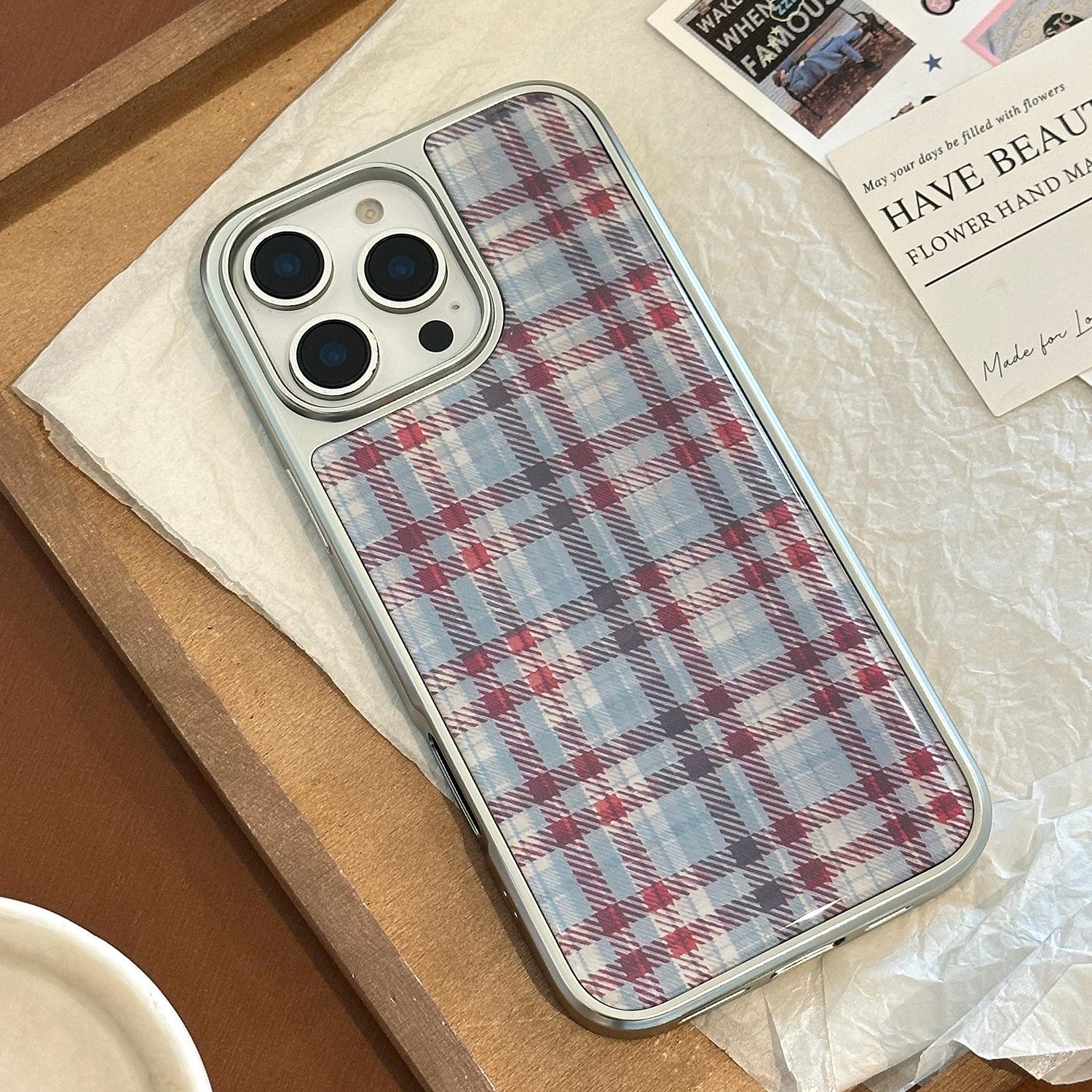 滴胶甜酷适用iphone16pro韩系红蓝格纹max苹果15手机壳13电镀14硬