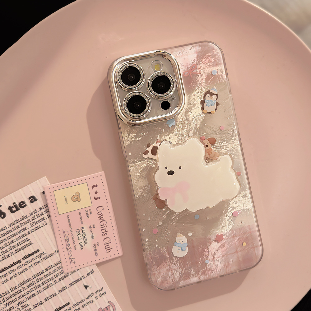 粉色西高地适用苹果15手机壳iphone16卡通手链14pronax闪粉13硬套