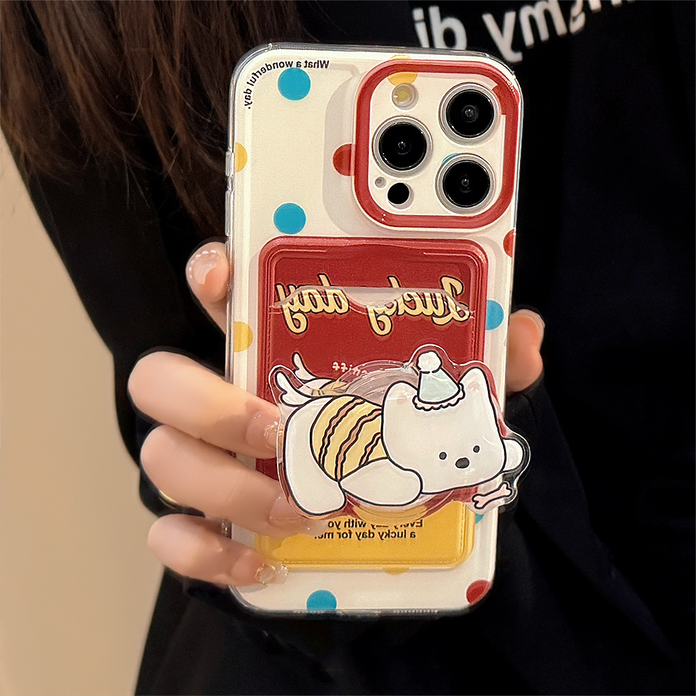 可爱波点小狗卡包苹果15promax手机壳iphone14适用11支架16手绳12