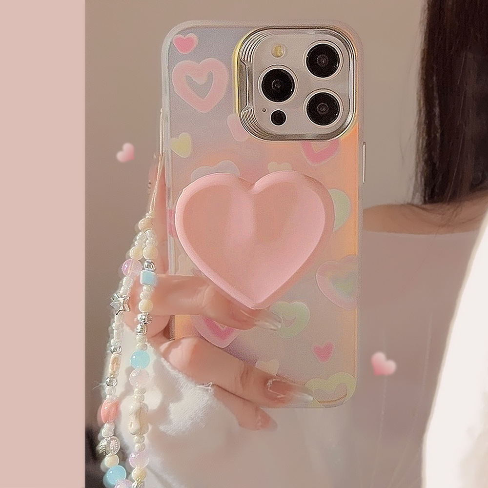 ins镭射彩色爱心支架适用苹果16pro max手机壳iphone15挂链11硬13