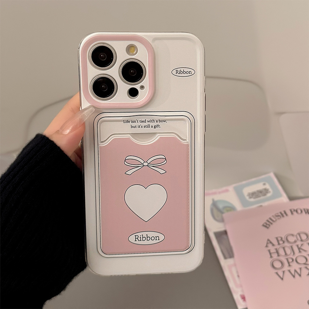 韩系粉色爱心卡包适用苹果15promax手机壳iphone14小众16全包13软