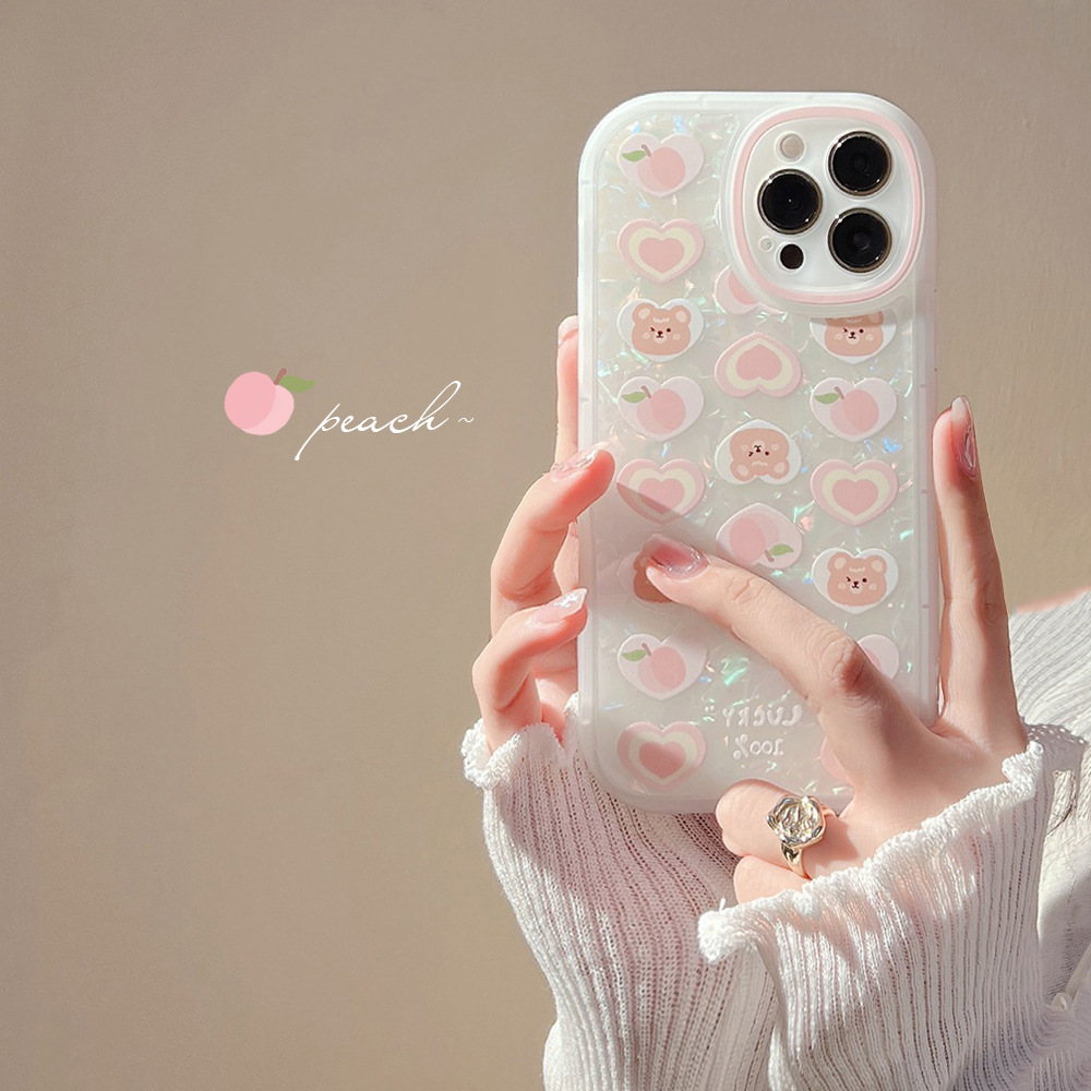 桃子爱心熊适用15promax苹果手机壳iPhone16仙女15珍珠链XR贝壳14