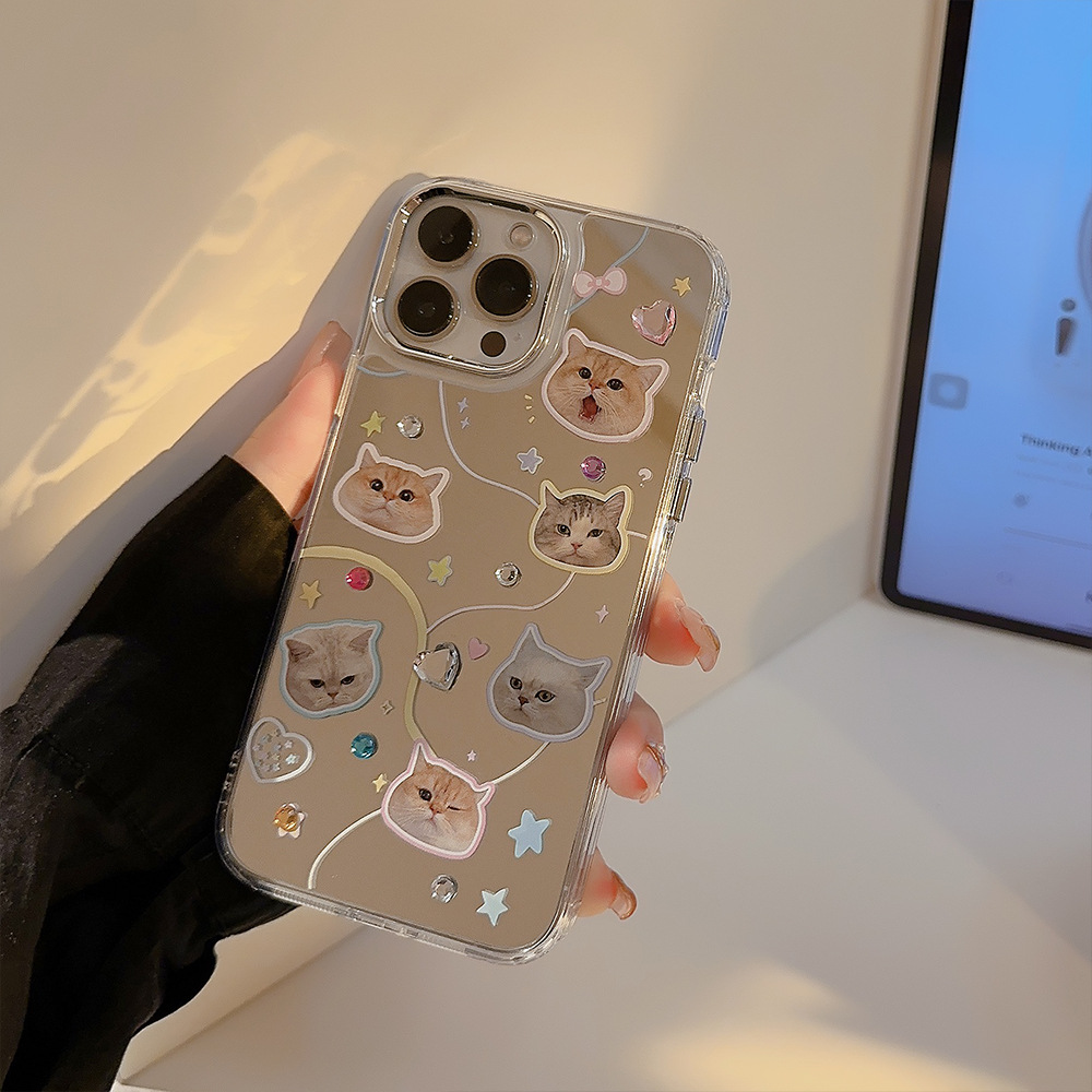 彩钻猫咪iPhone16苹果手机壳14电镀镜面13高级感12适用15pro max