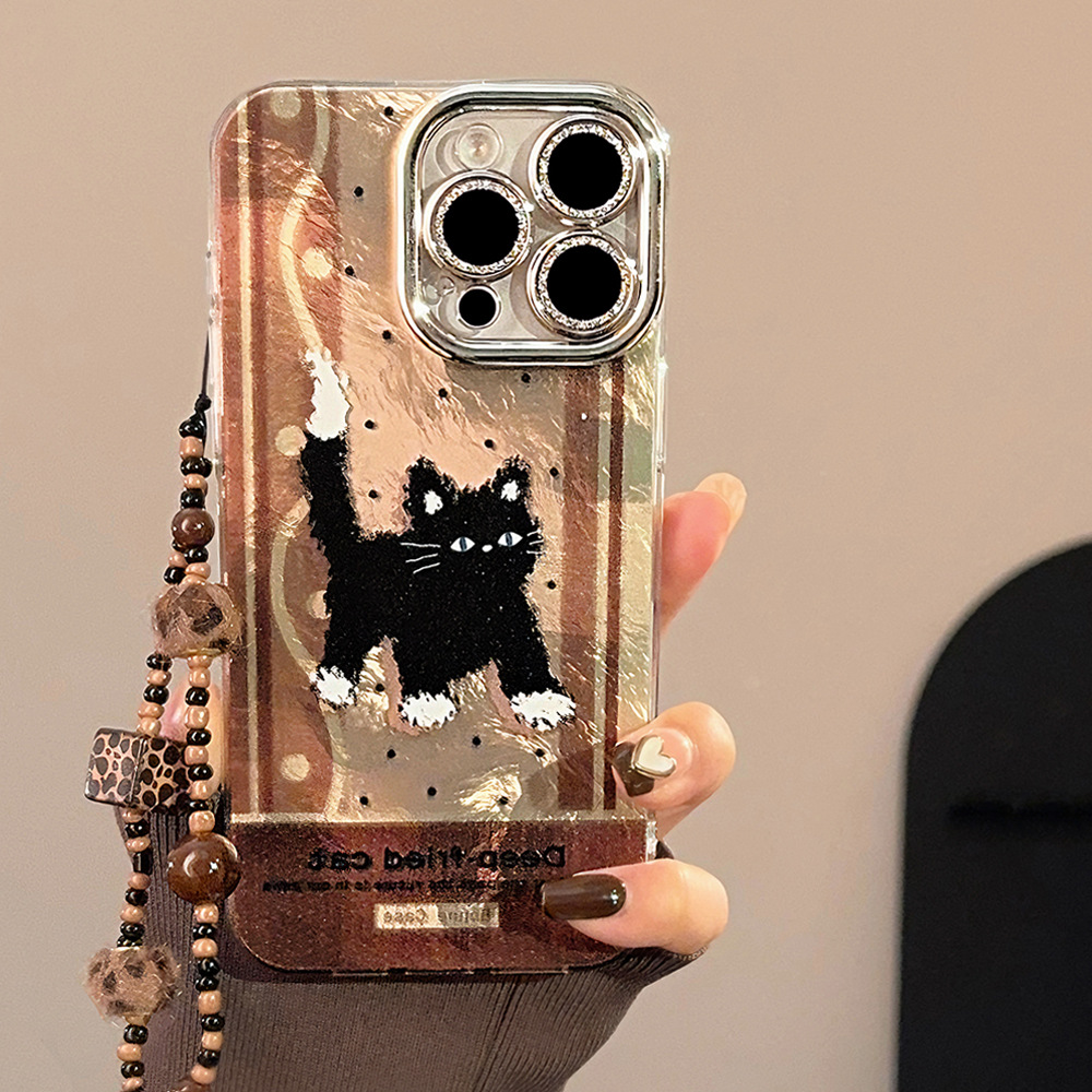适用苹果15手机壳iphone16复古手链14pronax棕色拼接猫咪13闪粉硬