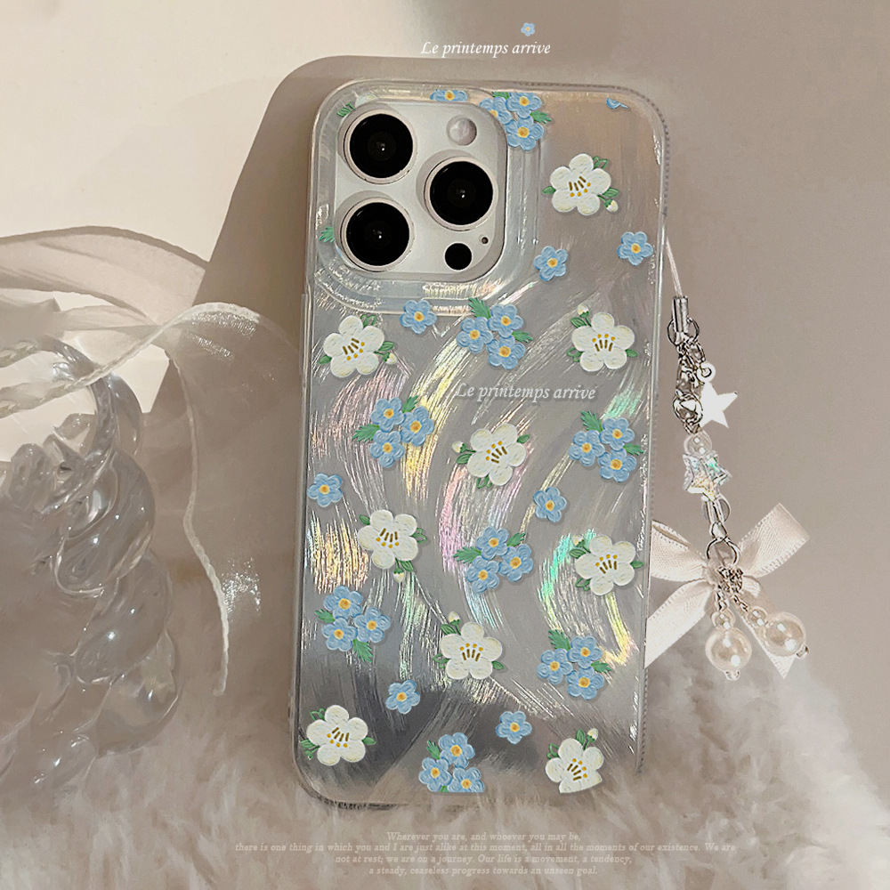 羽纱ins淡蓝花朵手机壳16适用苹果15pro max绳iphone13清新12硬14