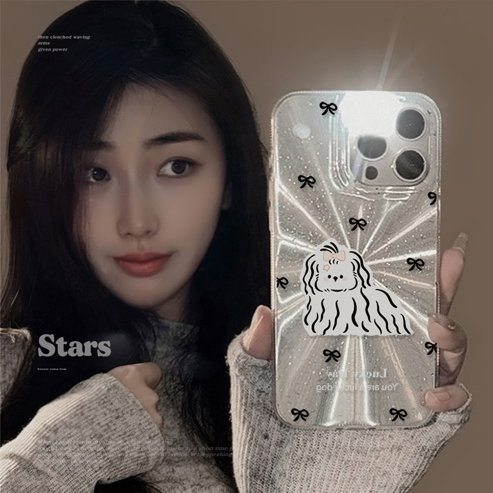 黑色蝴蝶结小狗适用14苹果15pro max手机壳iphone13极光闪粉16/11