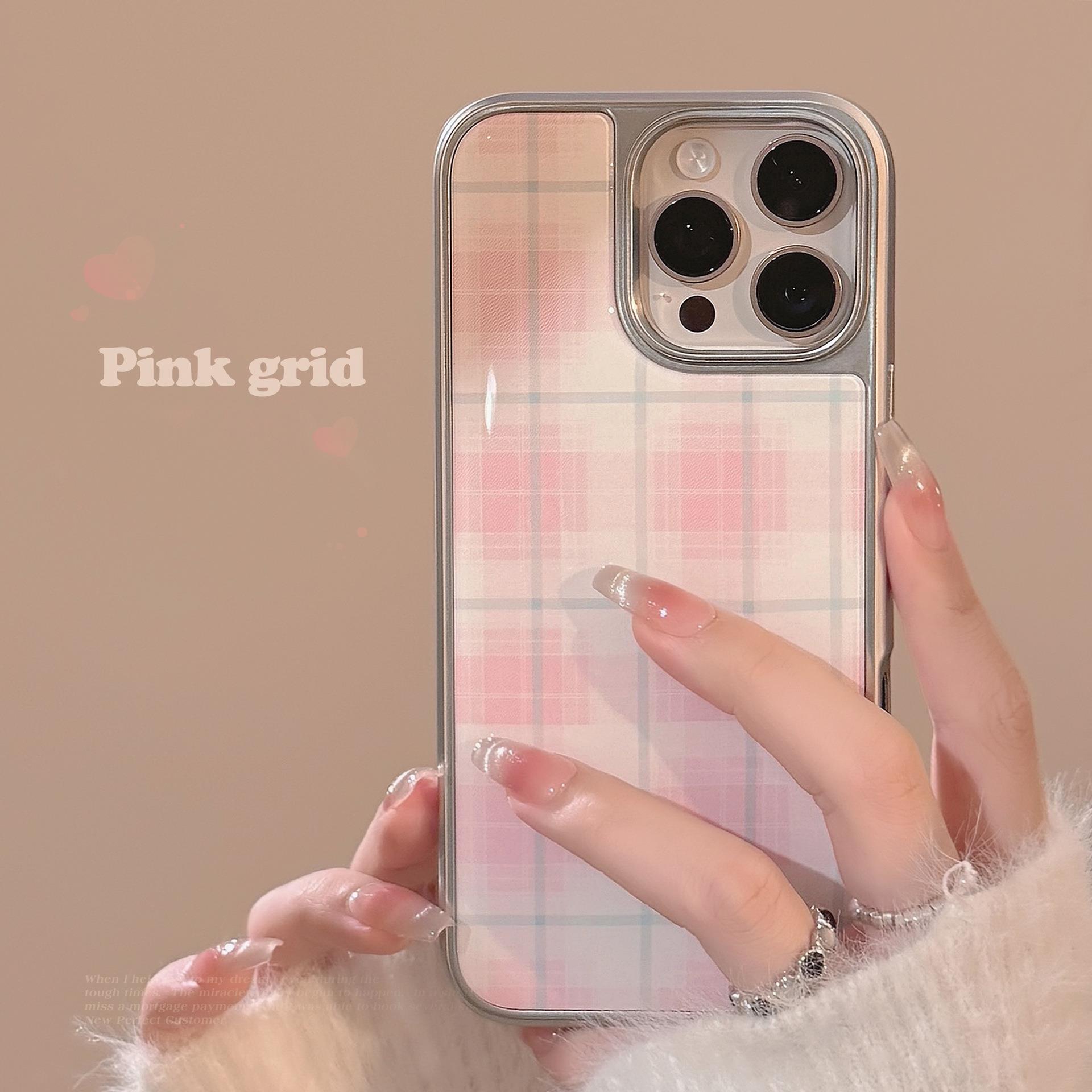 粉色格纹适用16苹果15promax手机壳iphone14滴胶13韩系甜美15电镀
